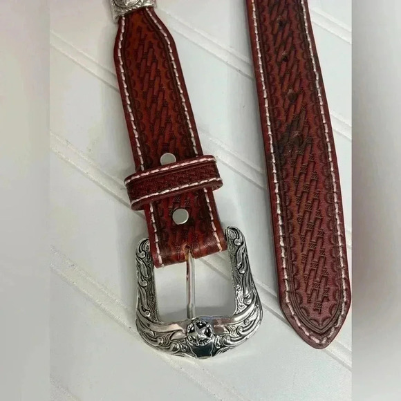 Tooled Scalloped Concho Western Leather‎ Belt - Chestnut 32” main image 15